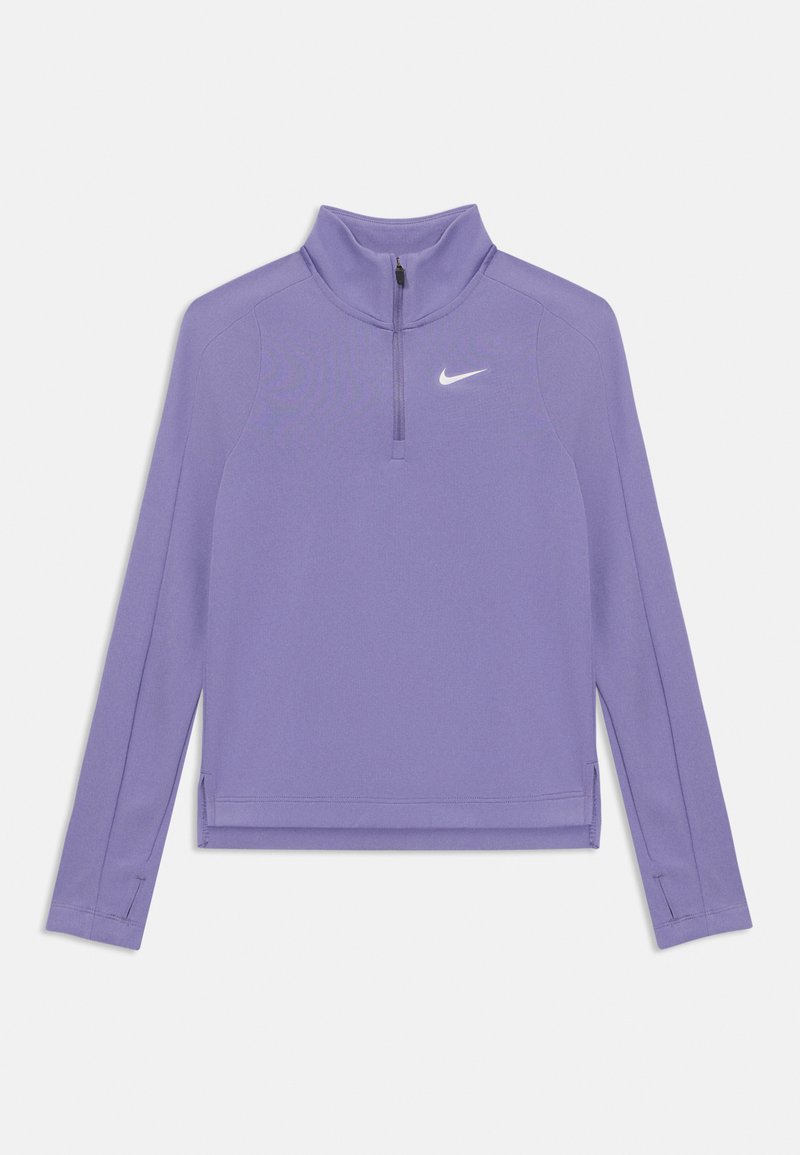 Lilac pika pika mu sleeves ja poolne tõmblukk, millel on väike valge logo rinnal ja külgslitsid allääres.