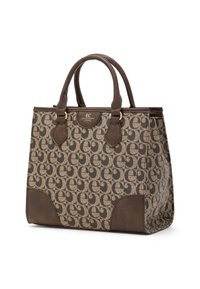 Borsa tote marrone a motivo con targhetta logo, manici in pelle e lati strutturati. Realizzata in materiale resistente con una forma strutturata.