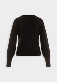 Černý svetr s dlouhými, volnými rukávy, kulatým výstřihem a texturovaným pleteným vzorem. Ribbed lem a manžety.