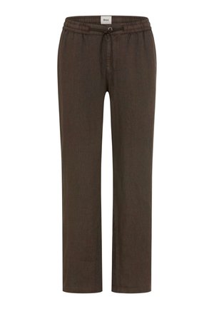 Brune casual bukser med elastisk talje og snor, lige ben og et lille stofmærke med mærket ved taljen.