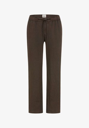 Brune casual bukser med elastisk talje og snor, lige ben og et lille stofmærke med mærket ved taljen.