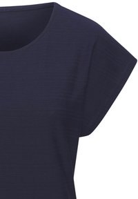 Navy blue short-sleeve top with a round neckline, featuring a textured fabric and minimal stitching details.