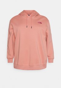Sweat à capuche rose clair à manches longues avec cordons de serrage à l'avant et petit logo "The North Face" de couleur rose foncé sur la poitrine gauche.
