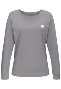 Long-sleeve gray shirt made of soft material. Features a round neckline and a small white heart detail on the left chest.