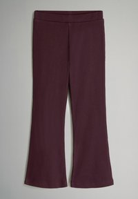 Leggings a campana bordeaux realizzati in tessuto a coste, con un'ampia fascia elastica in vita e una texture liscia, caratterizzati da un orlo che si allarga alla caviglia.