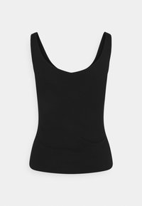 Haut sans manches noir avec un col en V, fabriqué en jersey côtelé. Coupe ajustée avec un ourlet droit et une texture lisse. Pas de motifs ni de matériel visible.