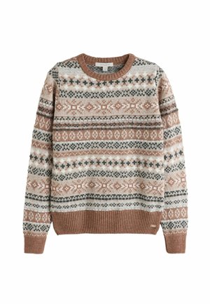 Rundhals gestrickter Pullover mit braunen, beigen, weißen und schwarzen geometrischen Mustern sowie gerippten Bündchen und Saum.