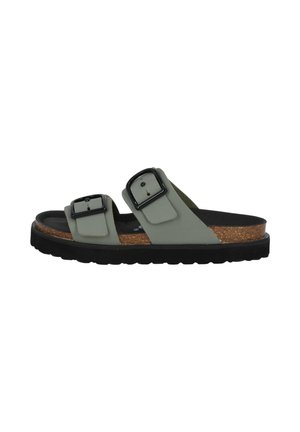 Green two-band sandal with black buckles, cork footbed, and textured rubber sole for grip. Side view showcases minimalist design.