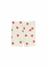 Shorts en coton extensible avec un fond crème, ornés d'un motif répétitif de fraises rouges avec des feuilles vertes. Ceinture élastique incluse.
