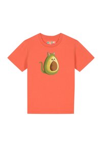 T-shirt corail à manches courtes en coton, ornée d'un motif sur le thème de l'avocat vert avec des oreilles de chat et un visage souriant.
