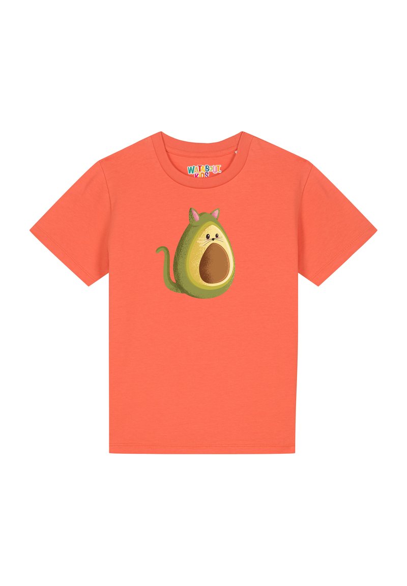 T-shirt corail à manches courtes en coton, ornée d'un motif sur le thème de l'avocat vert avec des oreilles de chat et un visage souriant.