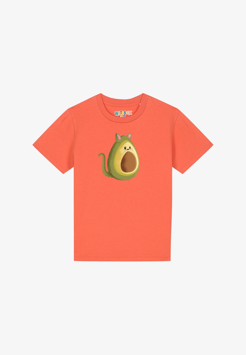 T-shirt corail à manches courtes en coton, ornée d'un motif sur le thème de l'avocat vert avec des oreilles de chat et un visage souriant.
