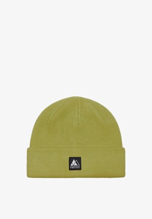 Gebreide beanie in lichtgeel met een omgeslagen zoom. Bevat een zwart stoffen label met een berglogo. Zachte textuur, ronde bovenkant.