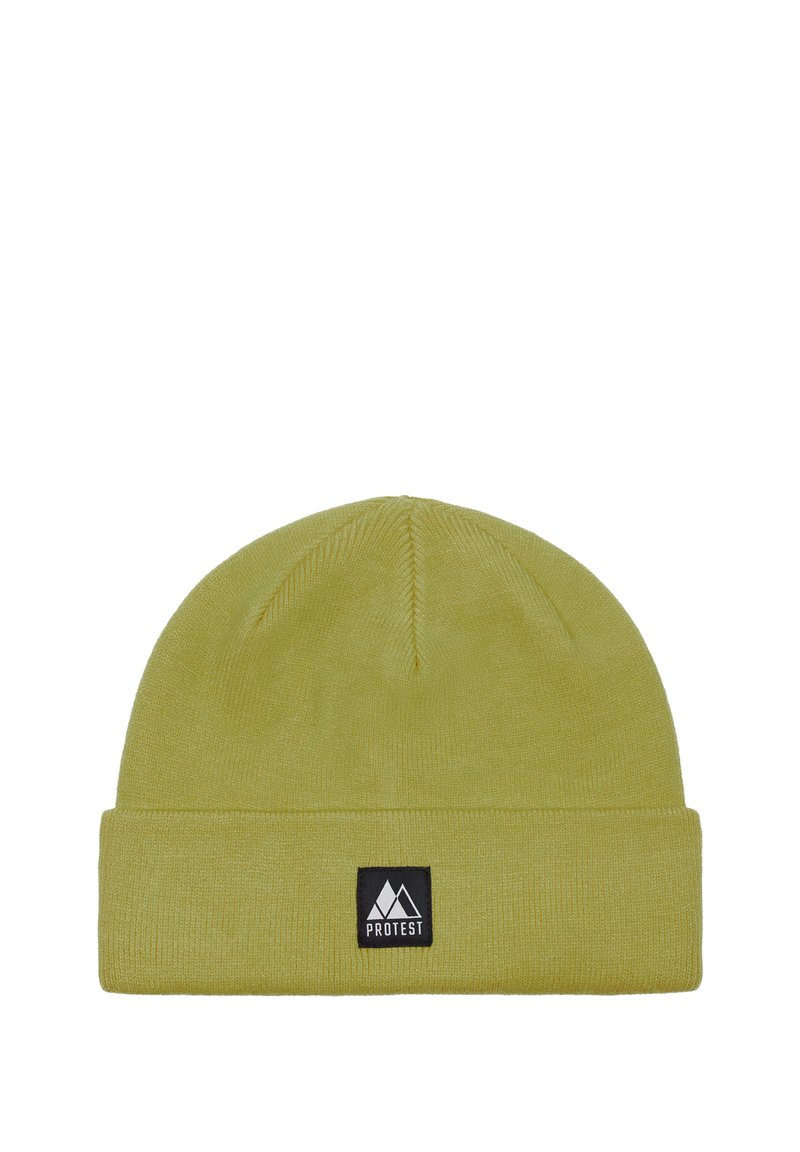 Gebreide beanie in lichtgeel met een omgeslagen zoom. Bevat een zwart stoffen label met een berglogo. Zachte textuur, ronde bovenkant.