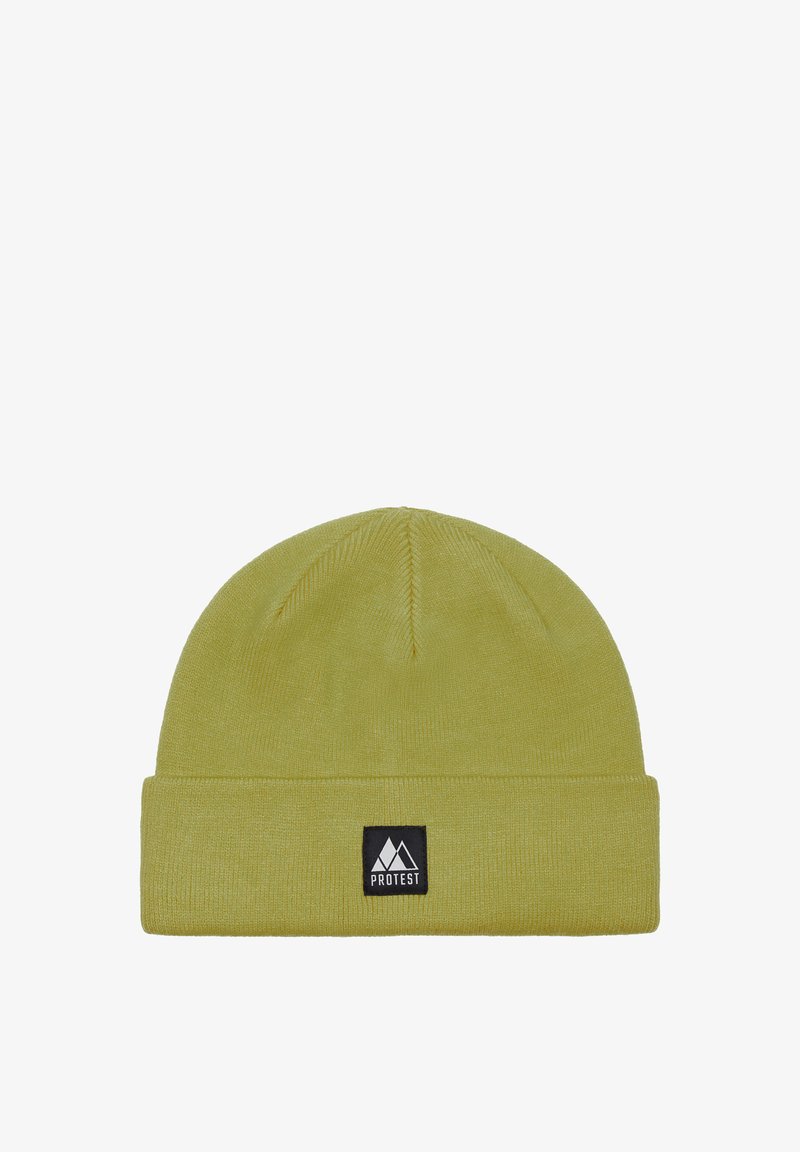 Gebreide beanie in lichtgeel met een omgeslagen zoom. Bevat een zwart stoffen label met een berglogo. Zachte textuur, ronde bovenkant.