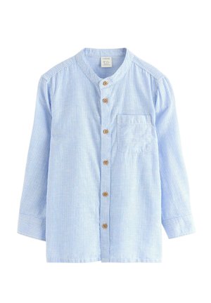 Lyseblå og hvide stribet langærmet skjorte med træknapper foran og en brystlomme på venstre side.