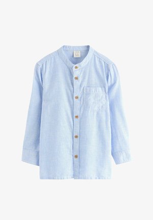 Długorękawowa koszula w jasnoniebiesko-białe paski z drewnianymi guzikami z przodu i kieszenią na piersi po lewej stronie.