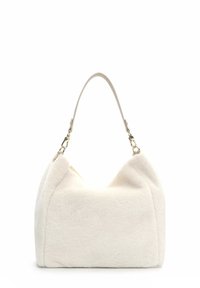 Borsa in pelliccia sintetica bianca con una texture morbida, forma rettangolare e una singola tracolla liscia, con dettagli in metallo sull'attacco.