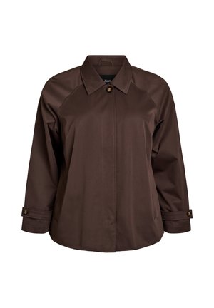 Braune, leichte Jacke mit Kragen, langen Ärmeln mit Knopfmanschetten und vorderer Knopfleiste. Glatte Textur mit minimalen Details.