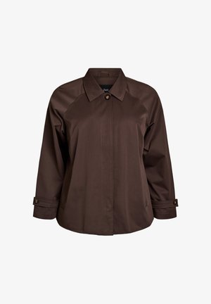 Brun, letvægtsjakke med krave, lange ærmer med knappede manchetter og knaplukning foran. Glat tekstur med minimal detaljering.