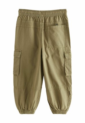 Olive green cargo pants made of lightweight fabric, featuring an elastic waistband, gathered cuffs, and side pockets for storage.
