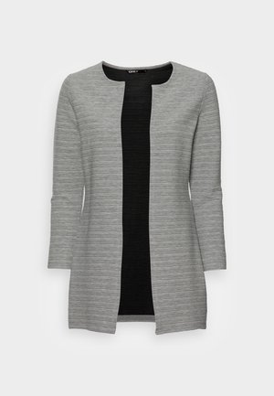 Sweter kardigan z długim rękawem i otwartym przodem, z poziomą szaro-czarną prążkowaną fakturą, okrągłym dekoltem i długością do połowy uda.