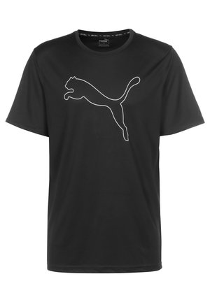 Czarny T-shirt Puma z krótkim rękawem, na piersi z białym konturem logo skaczącego pumy.