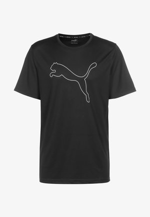 Schwarzes Puma T-Shirt mit kurzen Ärmeln und einer weißen Umrisszeichnung eines springenden Puma-Logos, das in der Mitte auf der Brust platziert ist.