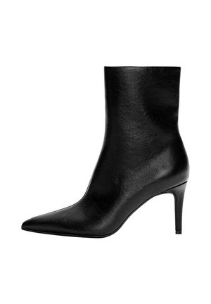 Black leather ankle boot with pointed toe and slim mid-height stiletto heel, smooth texture, and no visible fastenings.