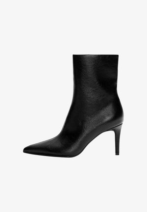 Black leather ankle boot with pointed toe and slim mid-height stiletto heel, smooth texture, and no visible fastenings.