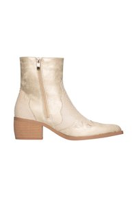 Stivaletto beige alla caviglia con cerniera laterale, cuciture decorative, pannelli strutturati e tacco medio in legno impilato.