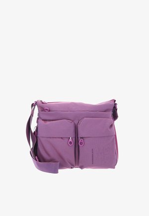 Sac bandoulière violet avec sangle réglable, deux poches avant zippées et tissu texturé.