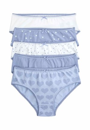 Cinque mutandine hipster in cotone da donna in tonalità bianche e blu, alcune con motivi a cuore e piccoli fiocchi in vita.