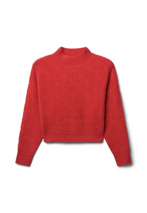 Maglione rosso lavorato a maglia con colletto alto, caratterizzato da un motivo testurizzato e maniche lunghe, taglio cropped e polsini a coste.