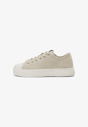 Beige suede sneakers with a white rubber toe cap and sole. Features tonal laces and a minimalist design with subtle stitching details.