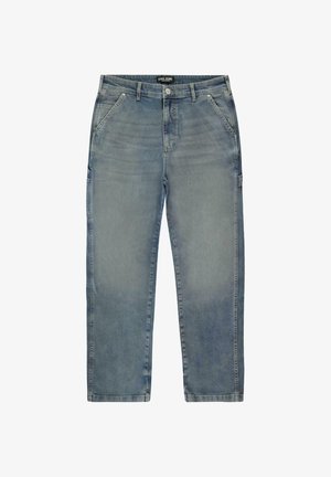 Lichtblauwe denim jeans met een rechte pasvorm, voorzien van vier zakken, subtiele vervaging en een knoopsluiting in de taille.