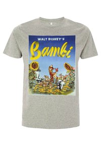Camiseta de algodón gris con una colorida impresión gráfica de "Bambi" con animales y girasoles sobre un fondo azul. Cuello redondo, mangas cortas.