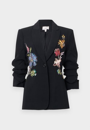 Blazer nero con ricami floreali colorati, design strutturato, chiusura frontale con un solo bottone e dettagli arricciati sulle maniche.