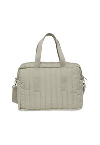 Gequilted grijze tas met dubbele handvatten aan de bovenkant en een afneembare schouderband. Ritsluiting en subtiele textuur met verticale stiksels.