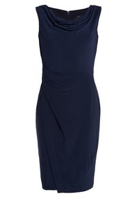 Vestido sin mangas de color azul marino con escote drapeado, frontal drapeado y diseño envolvente lateral. Hecho de una tela suave con un ligero brillo.