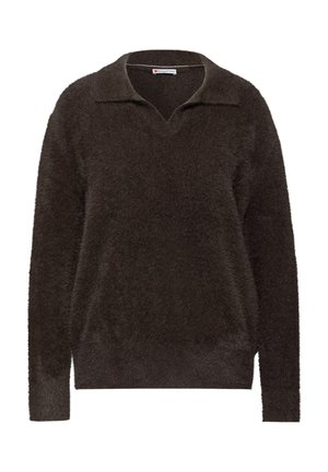 Mørkebrune, bløde pullovertrøje med en krave og v-hals. Har lange ærmer og en tekstureret, fuzzy overflade. Enkel og minimalistisk design.