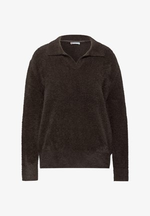 Pull en laine brun foncé, doux, avec un col en V. Il a des manches longues et une surface texturée, pelucheuse. Design simple et minimal.