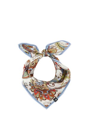 Square silk scarf with blue edges and intricate paisley patterns in red, brown, yellow, and blue, tied in a knot at one corner.