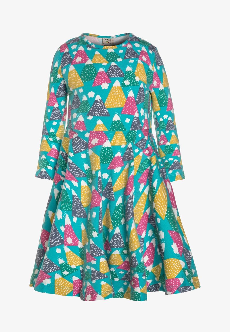 Robe turquoise à manches longues avec des motifs colorés de montagnes et de nuages en rose, jaune, vert et gris, avec une jupe évasée.