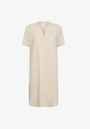 Robe beige à manches courtes en lin. Dotée d'un col en V, de deux poches latérales et d'une coupe décontractée avec une silhouette droite.