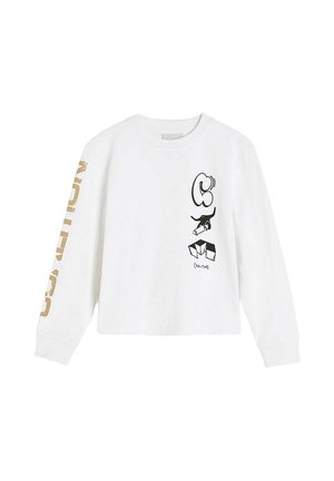 Biała koszula z długim rękawem z czarną abstrakcyjną grafiką z przodu oraz złotym napisem na prawym rękawie.