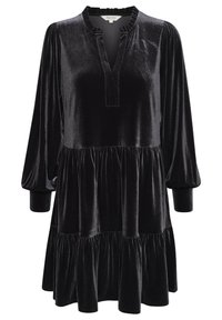 Robe en velours noir avec une coupe décontractée, manches longues bouffantes, col cranté et un ourlet étagé à volants. Texture douce et finition lisse.