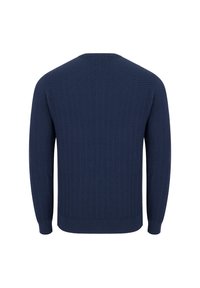 Wełniany sweter w kolorze granatowym z teksturowanym wzorem w zygzak, z prążkowanymi mankietami i dołem. Klasyczny okrągły dekolt, długie rękawy i standardowy krój.