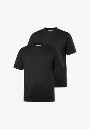 Zwei kurzärmelige T-Shirts aus dunkelgrauem Stoff. Jedes hat einen Rundhalsausschnitt und ein dezentes "M"-Logo auf der Brust. Glatte Textur, keine Muster.