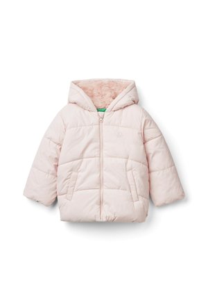 Veste matelassée rose pâle pour enfant avec capuche doublée de fausse fourrure douce, fermeture éclair à l'avant et deux poches latérales.